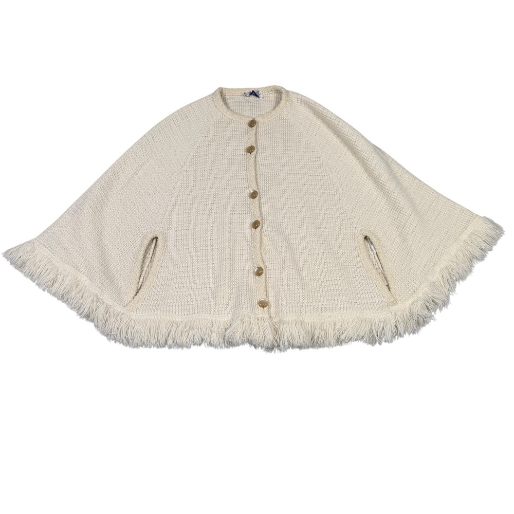 Vintage 60s ILGWU Cream Knit Fringe Cape Boho Hippie Orlon Acrylic Ivory Poncho